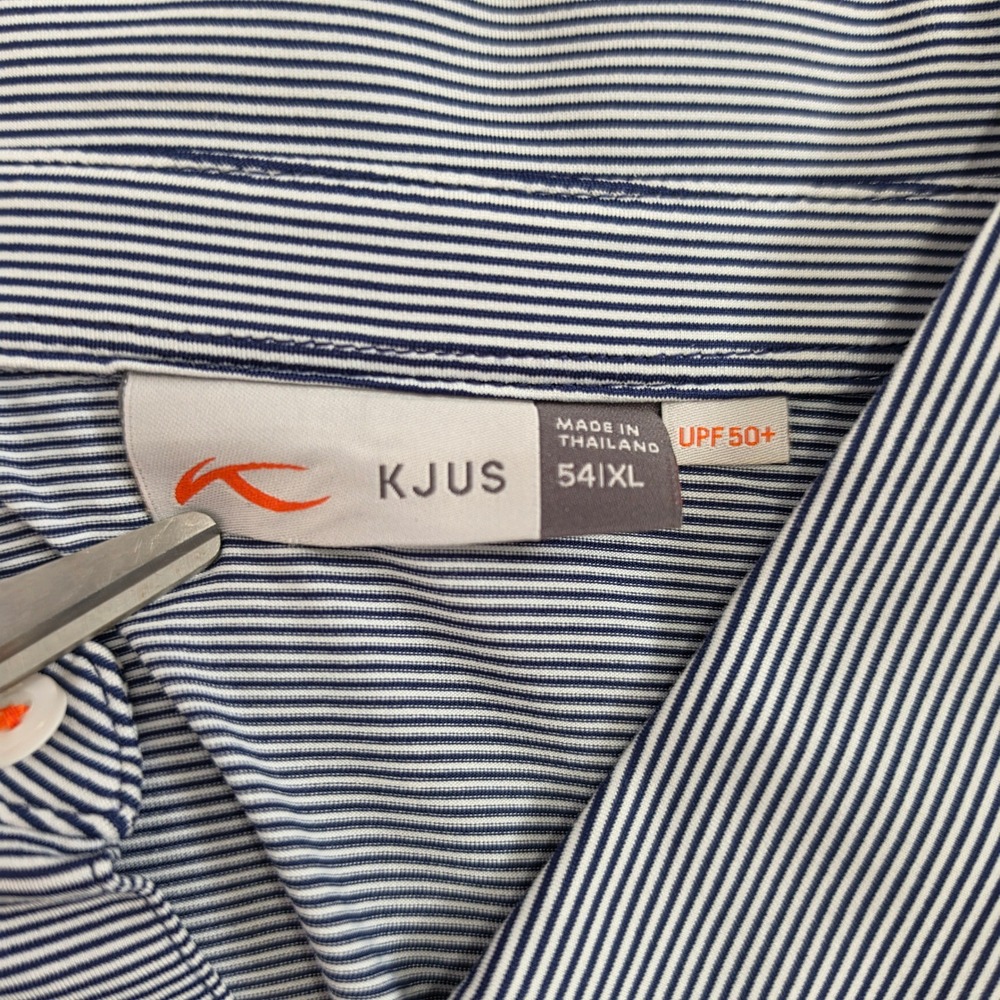 KJUS Golf Polo Shirt Men's Medium Blue White Micro Stripe Montecito Club 1918 - Picture 4 of 7
